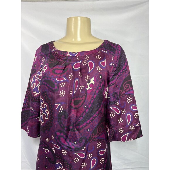 Banana Republic Silk Purple Pink Paisley Print 3/4 Sleeve Pleated Dress Size 2 - Picture 2 of 16